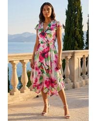 Roman - Floral Ruffle Tie Waist Midi Dress - Lyst