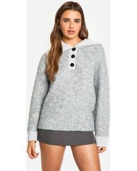 Boohoo - Knitted Oversized Rib Collar Button Up Jumper - Lyst
