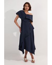 Karen Millen - Premium Tailored Linen Asymmetric Shoulder Full Midi Dress - Lyst