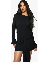 Boohoo - Textured Wrap Detail Flared Sleeve Mini Dress - Lyst
