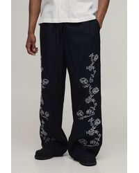 BoohooMAN - Wide Leg Linen Blend Embroidered Seam Trousers - Lyst
