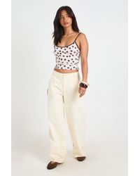 Boohoo - Petite Turn Up Hem Twill Wide Leg Trousers - Lyst
