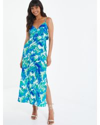 Quiz - Tropical Print Satin Midaxi Dress - Lyst