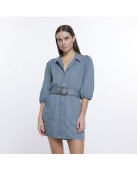 River Island - Mini Shirt Dress Puff Sleeve - Lyst