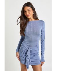 Boohoo - Slash Neck Ruffle Detail Acetate Slinky Mini Dress - Lyst