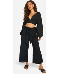 Boohoo - Linen Look Balloon Sleeve Crop & Wide Leg Trousers - Lyst