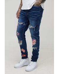 BoohooMAN - Tall Floral Embroidered Ripped Stacked Skinny Jeans - Lyst