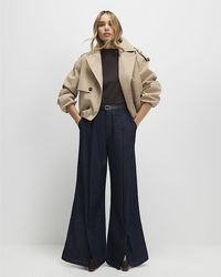 River Island - Wide Leg Jeans Belted Split Hem Denim Cotton - Lyst
