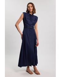 Karen Millen - Premium Viscose Linen Belted Woven Midaxi Dress With Hardware Detail - Lyst