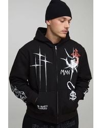 BoohooMAN - Oversized Boxy Graffiti Tattoo Printed Zip Through Hoodie Cotton - Lyst