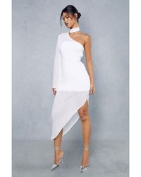 MissPap - Sheer Overlay Ruched Choker Neck Asymmetric Midi Dress - Lyst