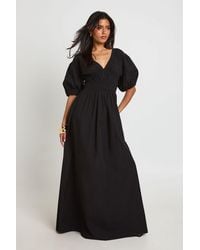 Boohoo - Cotton Poplin Shirred Bodice V Neck Puff Sleeve Maxi Dress - Lyst