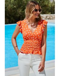 Sosandar - Spot Print Shirred Detail Frill Trim Top - Lyst