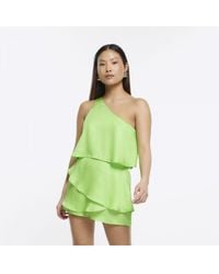 River Island - Playsuit Petite Green One Shoulder Tiered - Lyst