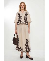 Bianco Lucci - Oversized V-Neck Embroidered 3/4 Sleeve Shirt And Wide Leg Pants Set - Lyst