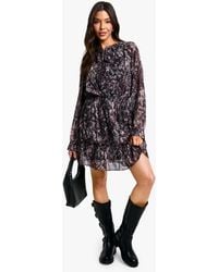 Boohoo - Snake Print Chiffon Long Sleeve Skater Dress - Lyst