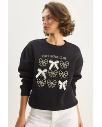 Bianco Lucci - Ribbed Printed Crew Neck Long Sleeve Sweatshirt - Lyst