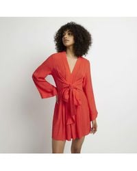River Island - Mini Dress Red Textured Long Sleeve Viscose - Lyst