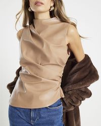 River Island - Top Faux Leather Sleeveless Ruched Side - Lyst