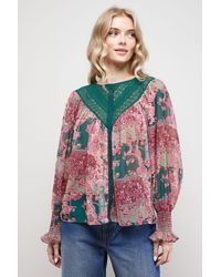 Oasis - Printed Lace Yoke Balloon Sleeve Boho Blouse - Lyst