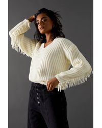 Warehouse - Fringed Back V Neck Jumper - Lyst