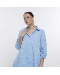 River Island - Mini Shirt Dress Blue Broderie Long Sleeve Cotton - Lyst
