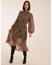 Blue Vanilla - Leopard Print High Neck Wrap Frill Hem Midi Dress - Lyst