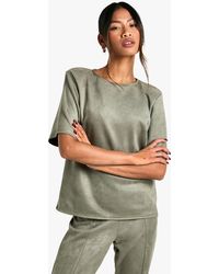 Boohoo - Suede Oversized Fit Shoulder Pad T-Shirt - Lyst