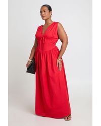 Boohoo - Plus Cotton Poplin Deep V Cinched Waist Detail Maxi Dress - Lyst
