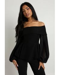 Boohoo - Chiffon Crepe Bardot Blouse - Lyst