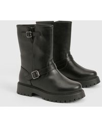 Boohoo - Wide Fit Calf High Buckle Biker Boots - Lyst