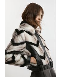 Karen Millen - Faux Fur Pu Panelled Stripe Belted Cropped Jacket - Lyst