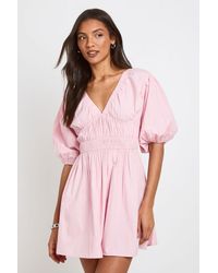 Boohoo - Tall Cotton Poplin Shirred Bodice V Neck Puff Sleeve Mini Dress - Lyst