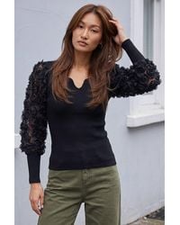 Roman - Lace Sleeve V-Neck Knit Top - Lyst