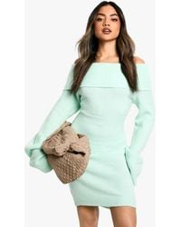 Boohoo - Rib Bardot Neckline Mini Jumper Dress - Lyst