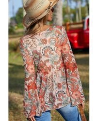 Azura Exchange - Floral Print Tie-Front Bluse Mit Tiefem V-Ausschnitt Und Glockenärmel - Lyst