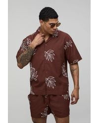 BoohooMAN - Palm Embroidered Oversized Linen Shirt & Relaxed Short Set - Lyst