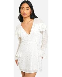 Boohoo - Petite Star Ruffle Detail Plunge Mini Dress - Lyst