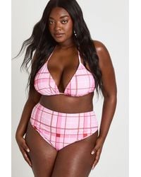 Boohoo - Plus Check Print Triangle Top & High Waist Bikini Bottom Set - Lyst