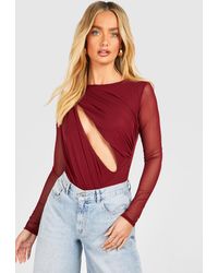 Boohoo - Ruched Mesh Cut Out Long Sleeve Bodysuit - Lyst