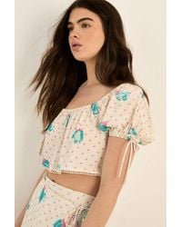 Nasty Gal - Floral Polka Dot Lace Trim Puff Tie Sleeve Crop Top - Lyst