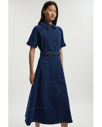Karen Millen - Stretch Denim Tab Belt Detail Midi Dress - Lyst