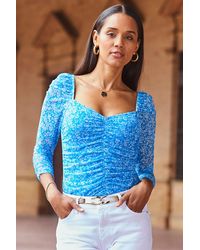 Sosandar - Ditsy Floral Print Ruched Front Mesh Top - Lyst