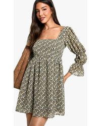 Boohoo - Floral Gathered Puff Sleeve Smock Dress - Lyst