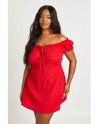 Boohoo - Plus Puff Sleeve Tie Front Mini Dress - Lyst