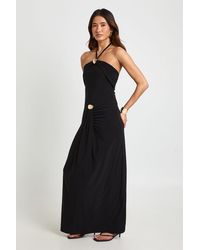 Boohoo - Slinky Trim Halterneck Ruched Front Maxi Dress - Lyst