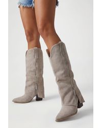 Boohoo - Faux Suede Zip Detail Fold Over Western Cowboy Boots - Lyst
