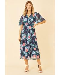 Yumi' - Navy Floral Wrap Midi Dress With Tiered Hem - Lyst