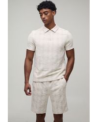 BoohooMAN - Slim Fit Boucle Check Zip Neck Polo & Shorts Set - Lyst