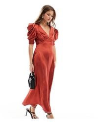 ASOS - Design Satin V Neck Midi Tea Dress With Puff Sleeves - Lyst